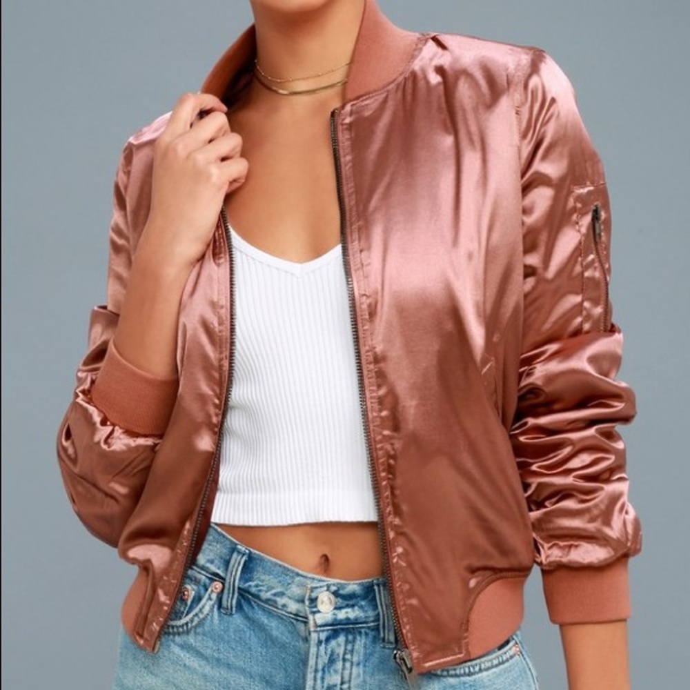 LuLu’s Rose Gold Satin Bomber Jacket